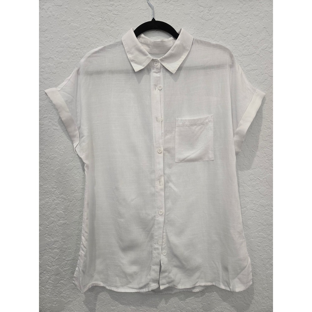 BS White 100% Cotton Short Sleeve Button Down Shirt Pocket Top Size Small